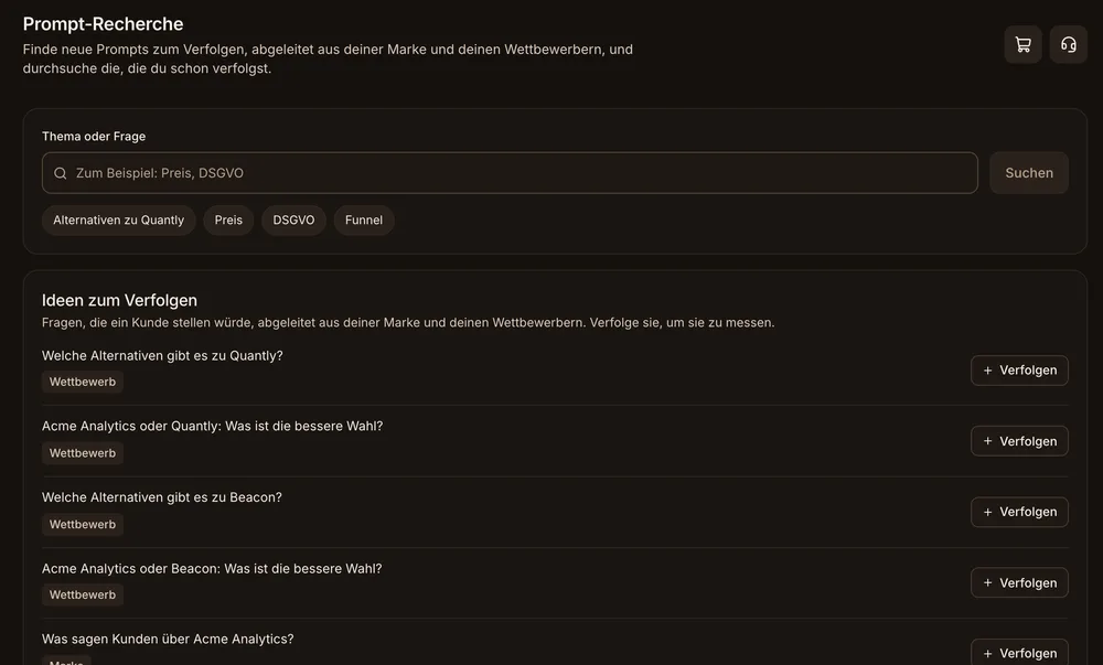 Prompt-Recherche in der Konsole von AnswerGravity, mit Demodaten